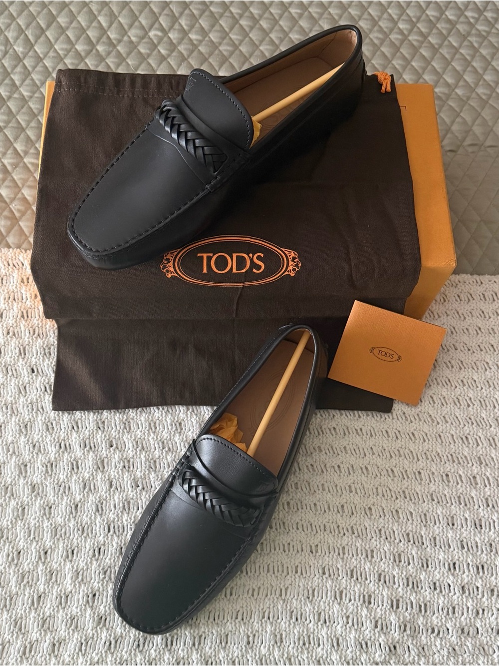 TOD'S Black Leather Braided Penny Loafers